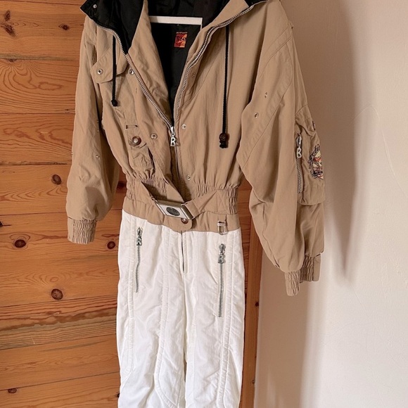 BOGNER SKI JUMPSUIT WOMENS NEUTRAL BELTED BODYCON RETRO SKI SUIT SMALL - Picture 1 of 14